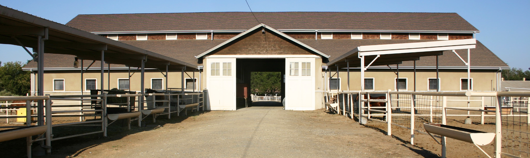 Sunlit horse stable with central aisle, open white doors and covered side stalls