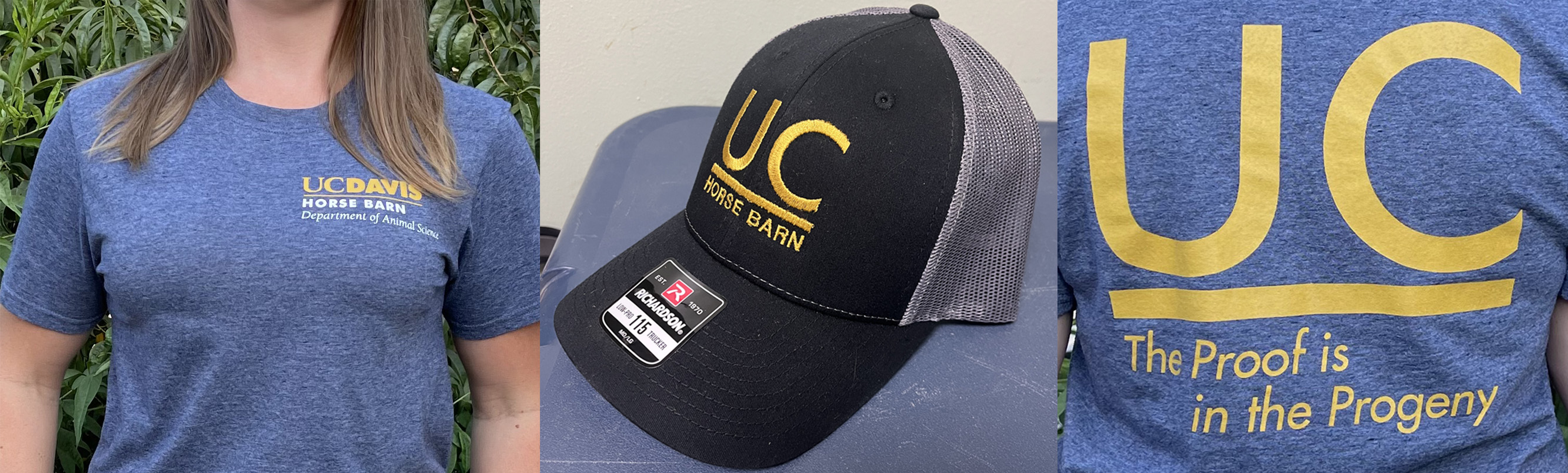 Blue T-shirt with small UC logo, black UC baseball cap, and large UC logo graphic