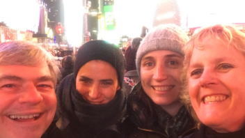 Left to right: Joel Van Eenennaam, Belen Rabaglino (Denmark), Anna Denicol and Alison Van Eenennaam (enjoying the cold in Times Square) while attending IETS Representatives of the Huber (Noel Goat Dairy) and Nordfelt Family at the Grand Opening!