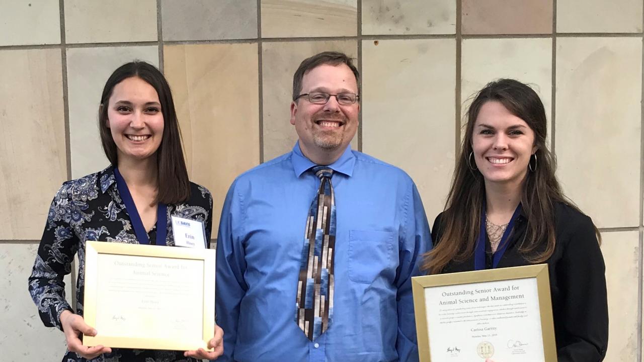 Erin Hisey, Dr. Mienaltowski and Carissa Garrity at the Outstanding Student Awards ceremony at the Mondavi Center, UCD campus